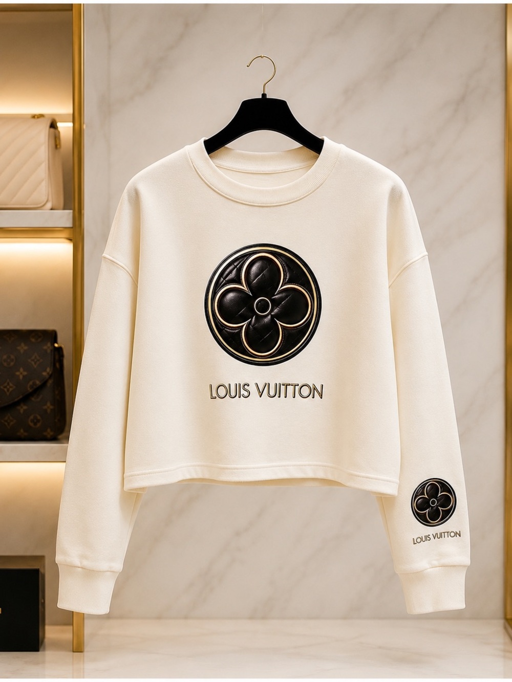 Cream Cropped Logo Sweatshirt with Black Medallion